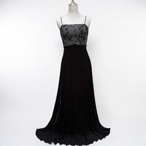 VTG Y2K Alex Evenings Dress Gown 12P Black Silver Pleated Metallic Floral Fairy